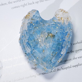 Natural Aquamarine Chip & Resin Craft Display Decorations, Glittered Angel Wing Crystal Storage Tray, for Home Feng Shui Ornament, 60x80x30mm