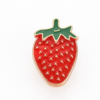 Rack Plating Alloy Enamel Brooches, Enamel Pins, with Brass Butterfly Clutches, Strawberry, Cadmium Free & Nickel Free & Lead Free, Light Gold, Red, 24x15mm, Pin: 1mm