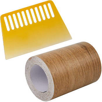 1 Roll PVC Imitation Wood Grain Adhesive Tape, Walnutwood Grain Repair Tape Patch, Flat, with 1Pc PP Plastic Putty Knife, Gray, 80x0.2mm, 10m/roll
