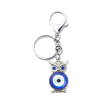 Evil Eye Glass Pendant Keychain, with Alloy Split Key Rings & Lobster Claw Clasps, Owl, Owl Pattern, 10cm