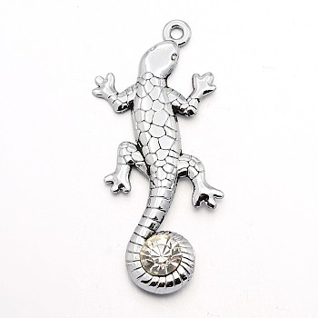 Alloy Grade A Rhinestone Big Pendants, Gecko/Lizard, Antique Silver, 53x23x3mm, Hole: 2mm