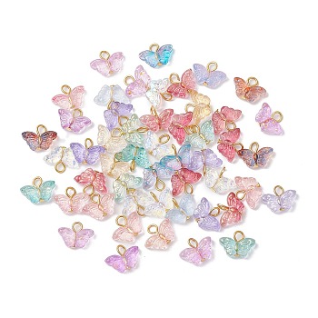 Golden Iron Flat Head Pins and Transparent Spray Painted Glass Beads Pendants, Gradient Color, Butterfly, Mixed Color, 11.5x15x4.5mm, Hole: 3mm