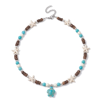 Synthetic Turquoise Tortoise Pendant Necklaces, with Starfish & Natural Coconut Beaded Chains, Turquoise, 15.35 inch(39cm)