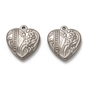304 Stainless Steel Pendants, Heart with Flower, Stainless Steel Color, 19.5x18x4mm, Hole: 1.6mm