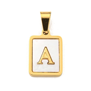 PVD Vacuum Plating 304 Stainless Steel Pave Natural White Shell Pendants, Rectangle with Letter Charms, Golden, Letter A, 17.5x12x1.5mm, Hole: 6x3mm