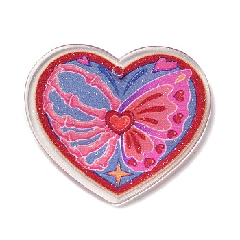 Valentine's Day Transparent Printed Acrylic Pendants, Heart Charm, Butterfly, 35.5x39.5x2.5mm, Hole: 2mm