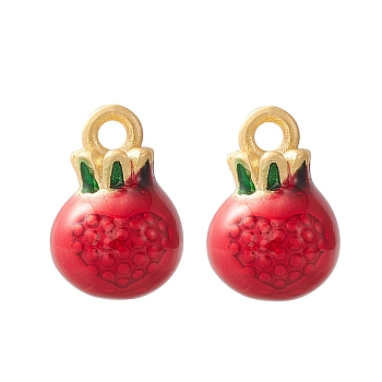 2Pcs Brass Enamel Charms, Imitation Fruit, Matte Gold Color, Pomegranate Charm, Red, 13x9mm, Hole: 1.8mm