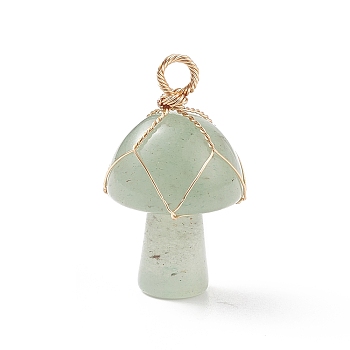 Natural Green Aventurine Pendants, Mushroom Charm, with Light Gold Tone Eco-Friendly Copper Wire Wrapped, 27.5x16mm, Hole: 3mm