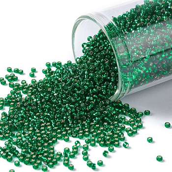 TOHO Round Seed Beads, Japanese Seed Beads, (36) Silver Lined Green Emerald, 15/0, 1.5mm, Hole: 0.7mm, about 15000pcs/50g