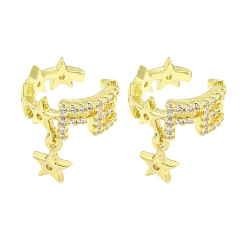 Brass Micro Pave Cubic Zirconia Cuff Earrings, for Women, Star, Real 18K Gold Plated, 13x14mm