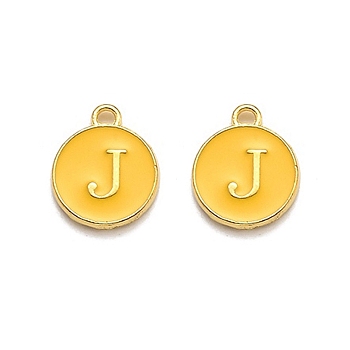 Golden Plated Alloy Enamel Charms, Enamelled Sequins, Flat Round with Alphabet, Letter.J, Yellow, 14x12x2mm, Hole: 1.5mm