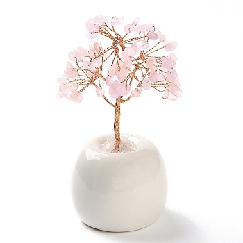 Natural Rose Quartz Chips Tree of Life Decorations, Round Porcelain Base with Copper Wire Feng Shui Energy Stone Gift for Home Office Desktop Decoration, 57x113~129mm