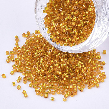 Cylinder Seed Beads, Uniform Size, Silver Lined, Goldenrod, 1.5~2x1~2mm, Hole: 0.8mm, about 4000pcs/bag, about 50g/bag
