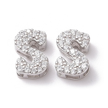 925 Sterling Silver Micro Pave Cubic Zirconia Beads, Real Platinum Plated, Letter S, 9x6x3.5mm, Hole : 2.5x1.5mm