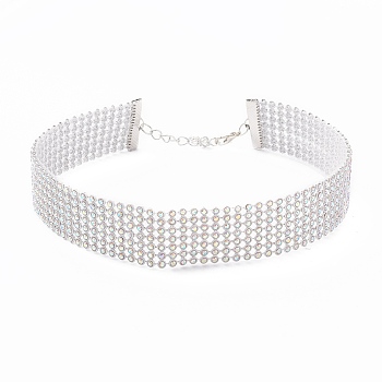 7 Row Crystal AB Rhinestone Choker Necklace, Wide Rhinestone Necklace for Women, Platinum, 12.4 inch(31.5cm)