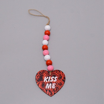 Valentine's Day Theme Schima Wood Beads & Hemp Rope Pendants Decorations, with Heart & Word KISS ME, Red, 295mm