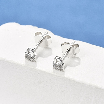 Lock S925 Sterling Silver Micro Pave Clear Cubic Zirconia Stud Earrings for Women, Platinum, 5x3.5mm