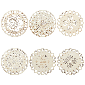 6Pcs 6 Styles Flat Round/Flower Wood Sewing Cross Stitch Embroidery Thread Storage Organizers, PapayaWhip, 140~149x2~2.5mm, 1pc/style