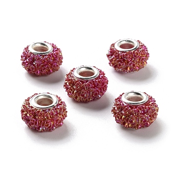 AB Color Resin Rose Flower European Beads, Rondelle Large Hole Beads, with Platinum Tone Alloy Double Cores, Dark Red, 14x9mm, Hole: 5mm