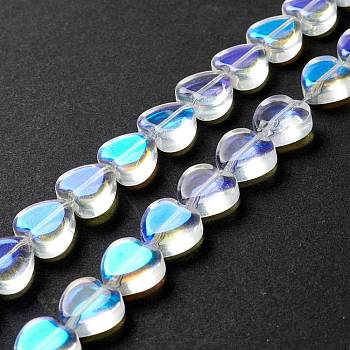 Transparent Glass Beads Strand, Heart, Clear AB, 9.5~10x10x3.5~4.5mm, Hole: 0.8~1mm, about 35pcs/strand, 13.15~13.31 inch(33.4~33.8cm)