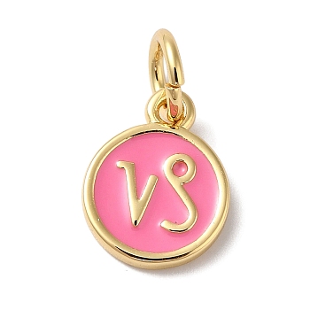 Real 18K Gold Plated Brass Enamel Charms, with Jump Ring, Long-Lasting Plated, Lead Free & Cadmium Free, Flat Round with Capricorn Charms, Pearl Pink, 10x8x1mm, Hole: 4mm