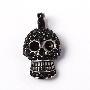 316 Surgical Stainless Steel Rhinestone Pendants, Halloween Skull, Antique Silver, 36x19.5x10mm, Hole: 7x5mm