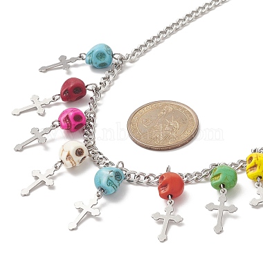 Dyed Synthetic Turquoise Skull with Cross Bib Necklace(NJEW-TA00071)-5