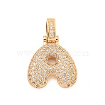 Brass Micro Pave Clear Cubic Zirconia Pendants, Cadmium Free & Nickel Free & Lead Free, Real 18K Gold Plated, Letter A, 31x21x5mm, Hole: 3x6mm(KK-B099-01G-A)