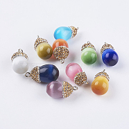 Cat Eye Pendants, with Polymer Clay Rhinestone Beads and Brass Finding, Teardrop, Golden, Mixed Color, 21~22x11.5~12mm, Hole: 2mm(G-E453-A)