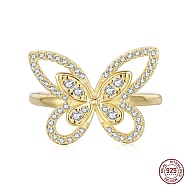 925 Sterling Silver Butterfly Finger Rings with Cubic Zirconia, with S925 Stamp, Golden, 1.6mm, US Size 7(17.3mm)(RJEW-F150-64B-G)