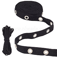 Cotton Ribbons with Eyelet Rings, with Cotton String Threads, for Garment Accessories, Black, Ribbons: 20x2mm, Hole: 6mm, about 5 yards(4.572m), Threads: 3mm, 10m(OCOR-AR0001-51A)