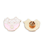 Bowl with Cat Enamel Pin, Light Gold Plated Alloy Cartoon Badge for Backpack Clothes, Nickel Free & Lead Free, Pink, 27x30mm(JEWB-N007-204)