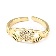 Brass Micro Pave Cubic Zirconia Cuff Rings, Open Rings, Heart, Real 18K Gold Plated, Clear, US Size 6 1/4(16.7mm), 2.5mm(RJEW-K233-56G)