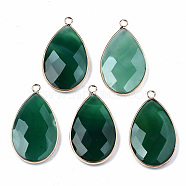 Natural Agate Pendants, with Light Gold Tone Brass Edge and Loops, Dyed, Faceted, Teardrop, Green, 37x21x5~6mm, Hole: 2.5mm(G-S359-195A)