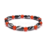 Round Natural Carnelian Stretch Bracelets, with Non-Magnetic Synthetic Hematite Beads and Elastic Cord, 50mm(X-BJEW-G072-13)