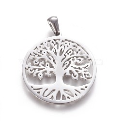 304 Stainless Steel Pendants, Flat Round with Tree of Life, Stainless Steel Color, 30x27.5x1.2mm, Hole: 3x5.5mm(STAS-F219-08P)