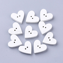 2-Hole Spray Painted Wooden Buttons, Heart, White, 18.5x19x4mm, Hole: 1.5mm(BUTT-T007-019)