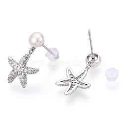 Natural Pearl Stud Earrings, Brass Micro Pave Clear Cubic Zirconia Starfish Drop Earrings with 925 Sterling Silver Pins, Platinum, 21x12.5mm, Pin: 11.5x0.8mm(PEAR-N020-05T)