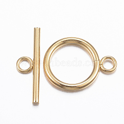 304 Stainless Steel Toggle Clasps, Real 18k Gold Plated, Ring: 21x16x2mm, hole: 3mm, Bar: 23x7x2mm, Hole: 3mm(STAS-H380-05G)