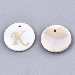 Natural Freshwater Shell Pendants, with Golden Plated Brass Etched Metal Embellishments, Flat Round with Letter, Letter.K, 15x2mm, Hole: 1.2mm(X-SHEL-N027-04K)