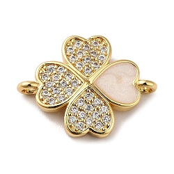 Eco-Friendly Rack Plating Brass Micro Pave Clear Cubic Zirconia Connector Charms, with Enamel, Long-Lasting Plated, Lead Free & Cadmium Free, Clover, Real 18K Gold Plated, 13.5x17.5x3mm, Hole: 1.4mm(KK-F853-26G)
