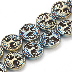 Electroplate Non-magnetic Synthetic Hematite Beads Strands, Flat Round with Tree of Life, Multi-color Plated, 12~12.5x4~4.5mm, Hole: 1mm, about 30pcs/strand, 14.56 inch(G-N0322-03E)