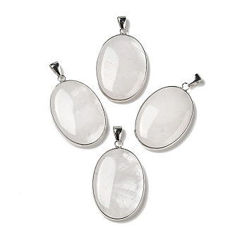 Natural Quartz Crystal Pendants, Rock Crystal Pendants, Oval Charms with Platinum Plated Metal Findings, 39.5x26x6mm, Hole: 7.6x4mm