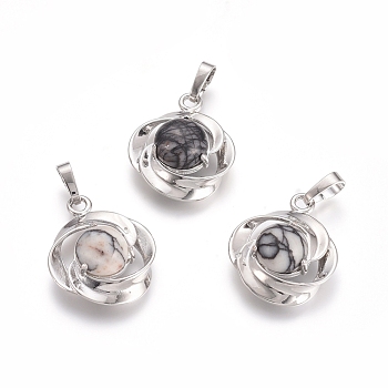 Natural Netstone Pendants, with Platinum Tone Brass Findings, Flower, 24x19.4x9.8mm, Hole: 6x3.5mm