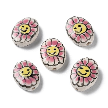 Handmade Porcelain Beads, Famille Rose Porcelain, Oval with Flower, Pale Violet Red, 19x14~16x5~6mm, Hole: 1.2mm