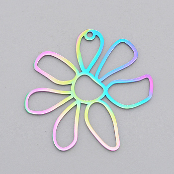 Ion Plating(IP) 201 Stainless Steel Pendants, Laser Cut, Flower, Rainbow Color, 34.5x35x1mm, Hole: 1.6mm