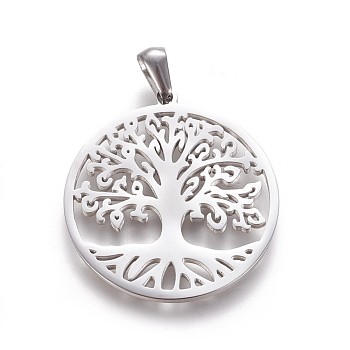 304 Stainless Steel Pendants, Flat Round with Tree of Life, Stainless Steel Color, 30x27.5x1.2mm, Hole: 3x5.5mm