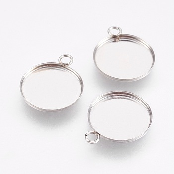 304 Stainless Steel Pendant Cabochon Settings, Plain Edge Bezel Cups, Flat Round, Stainless Steel Color, Tray: 12mm, 15.5x12.5x1mm, Hole: 1.8mm