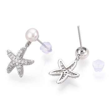 Natural Pearl Stud Earrings, Brass Micro Pave Clear Cubic Zirconia Starfish Drop Earrings with 925 Sterling Silver Pins, Platinum, 21x12.5mm, Pin: 11.5x0.8mm