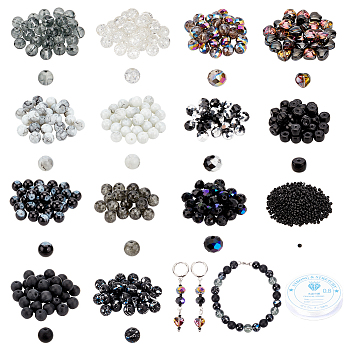DIY Bracelet Making Kit, Including Round & Heart & Seed & Glass & K9 Glass Beads, Elastic Thread, Black
